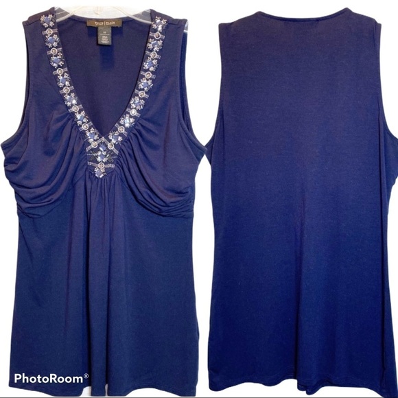 WHBM Sleeveless Ruched Stretchy Navy Blue Blouse Jeweled Embellished Neckline XS - Picture 3 of 8
